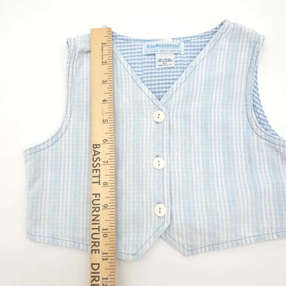 VTG 80s 90s OshKosh Bgosh Seersucker Vest Blue White Stripe Kids 4T Made in USA